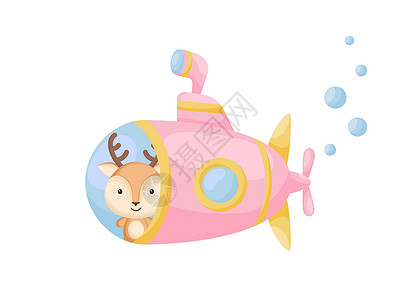 俏皮可爱鹿晗可爱的小鹿在粉红色的潜水艇上航行 儿童读物专辑的卡通人物婴儿淋浴贺卡派对邀请屋内部 矢量股票图设计图片