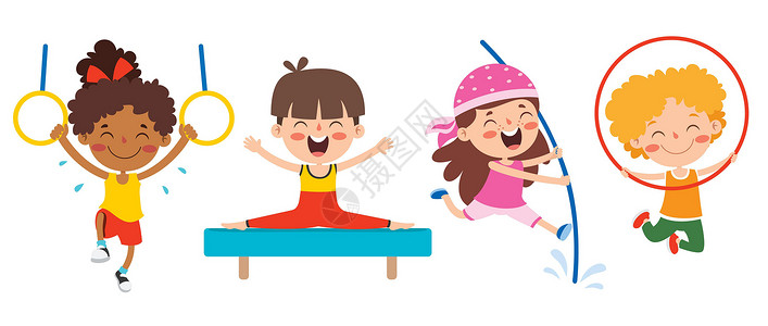 活跃的女孩快乐的孩子们做各种运动体操游戏跑步娱乐艺术卡通竞技玩家网球插图设计图片