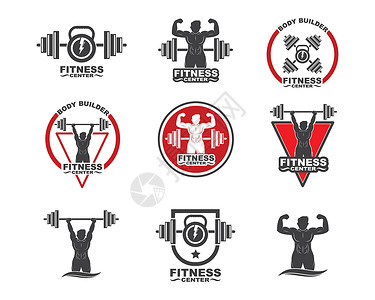 运动健身图标健美运动员健身健身房图标徽标徽章矢量它制作图案中心活动重量腹肌肌肉杠铃弯曲力量重物俱乐部设计图片