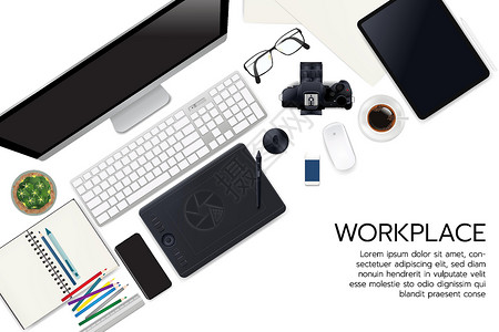 自泡咖啡现实的工作区元素工作场所 桌面视图元素 现代技术工作场所 植物 键盘 咖啡智能手机 显示器 书写项目矢量图形设计图片