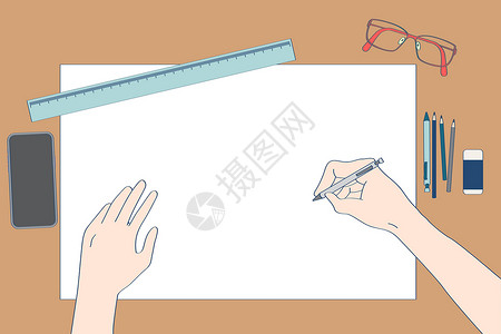 梵高自画办公场所的顶视图棕色桌上有大纸 可以写任何东西 用眼镜装饰铅笔尺橡皮擦智能手机书写设备设计图片