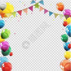 彩色气球边框在背景下隔离的彩色光泽氦气球组 一套气球和旗帜 用于生日周年庆典派对装饰 它制作图案矢量展示玩具礼物丝带插图反射飞行空气团体纪念设计图片