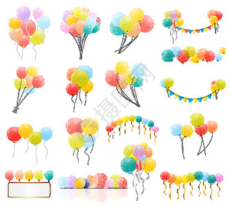 一组彩色气球在背景下隔离的彩色光泽氦气球组 一套气球和旗帜 用于生日周年庆典派对装饰 它制作图案矢量团体反射惊喜礼物细绳纪念日空气插图假期飞设计图片