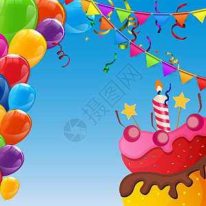 蛋糕标签颜色光面生日快乐气球横幅背景生日庆典派对边界卡片幸福假期娱乐旗帜收藏设计图片