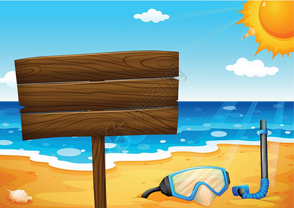 木制支撑椅beac 的空招牌双方海洋指示牌边缘海岸线绘画海滩海报波浪蓝色设计图片