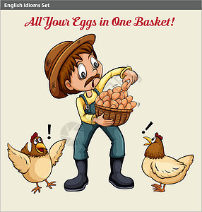 拿着扇子的鸡一个农民拿着一篮子鸡蛋的英语成语样式家禽语言动物艺术品艺术绅士男人文字绘画设计图片