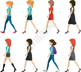 穿牛仔裤的女孩走在一个方向的无脸女士服装女性高跟鞋女孩们牛仔裤裤子白色卡通片背包裙子设计图片