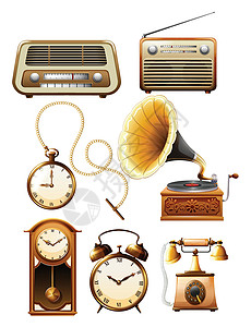 老式闹钟古董对象闹钟留声机立体声扬声器电话白色手表绘画卡通片技术设计图片