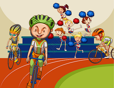自行车赛乐趣游戏轮子锻炼卡通片女士场景绒球娱乐团队设计图片
