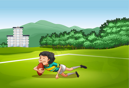 橄榄球场地橄榄球树木运动卡通片场景风景绘画乐趣活动男人草地设计图片