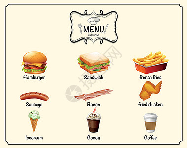 食品菜单不同种类的快餐对男人设计图片