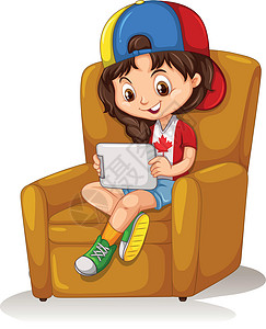 年轻女孩坐在行李箱上玩平板电脑拿着平板电脑坐在柴上的小女孩设计图片