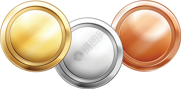 金属勋章白色背景上的三枚闪亮硬币设计图片