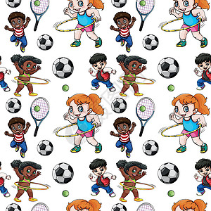 足球剪贴画无缝背景与孩子们做运动设计图片
