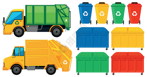 压缩垃圾车多种颜色的垃圾车和罐头设计图片
