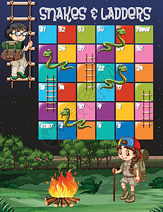 蛇元素带孩子们露营背景的游戏模板设计图片