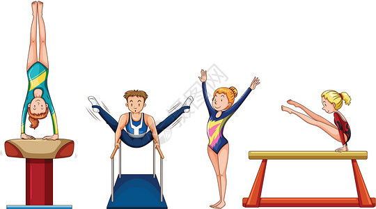 体操表演人们在不同的设备上做体操设计图片