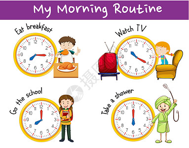 儿童早餐带时钟和活动的儿童晨间活动设计图片