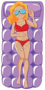 女孩日光浴穿紫色 raf 红色比基尼的女人设计图片