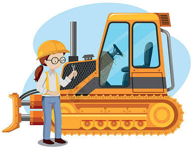 女孩开拖拉机白色背景上的年轻机械工程师设计图片