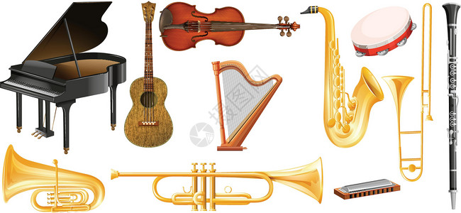 钢琴小提琴不同类型的古典乐器音乐喇叭艺术小提琴收藏口琴萨克斯管绘画小路钢琴设计图片