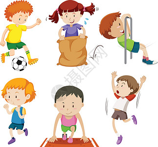 正在喊话大声说话的儿童形象一群孩子在做体育活动女孩艺术跑步解雇夹子土豆足球娱乐运动红色设计图片