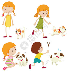 小狗小女孩套各种各样的幼儿和狗毛皮女孩插图乐趣犬类哺乳动物男生宠物动物白色设计图片