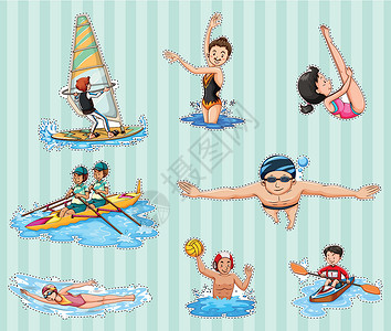 一起去游泳与运动员一起参加体育运动的粘贴板组设计图片
