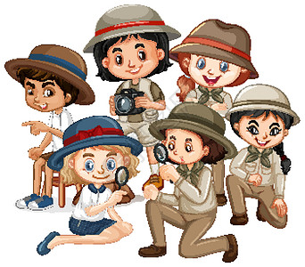 少年与小旗子许多穿着棕色制服的孩子做着不同的事情设计图片