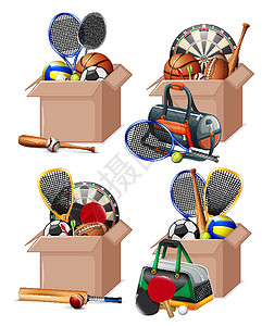 羽毛球乒乓球白色背景上装满运动器材的盒子闲暇橄榄球飞镖棒球羽毛球足球滑板乒乓烤架网球设计图片