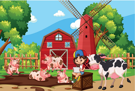 吃面猪和男孩猪和牛的农场场景设计图片