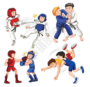 垃圾分类扔放白色背景上的体育活动人士拳击小路男人男性女孩团体罢工摔角跆拳道卡通片设计图片