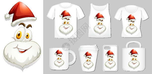 白色T恤不同产品模板上的圣诞老人图形插图杯子庆典手机帽子剪裁夹子卡通片面具假期设计图片