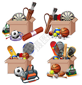 排球垫球白色背景上装满运动器材的盒子蟋蟀烤架卡通片球拍圆圈插图滑板篮球闲暇飞镖设计图片