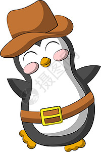 灰色企鹅可爱的漫画 企鹅牛仔 用颜色绘制插图装饰卡片表演贴纸帽子野生动物动物喜悦绘画艺术设计图片