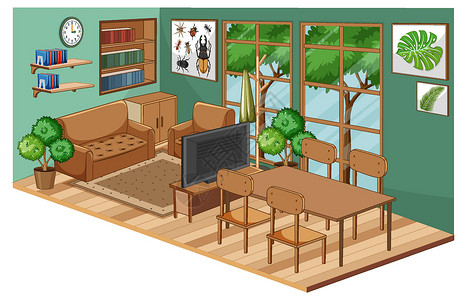 老房间带家具和绿色墙的客厅内部沙发等距桌子展示窗户房间座位插图建筑建筑学设计图片