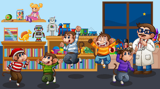 玩玩具的孩子五只小猴子带着医生在客厅里蹦蹦跳跳玩具房间哺乳动物娱乐插图微笑歌曲动物生物猴子设计图片