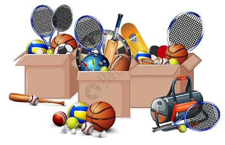看盘活动单页三个装满白色背景运动器材的盒子网球篮球羽毛球绘画贮存飞镖滑板活动乒乓球排球设计图片