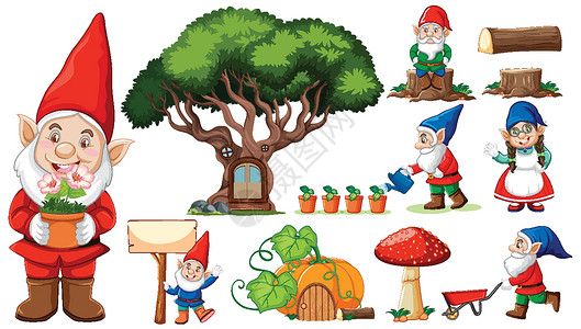 侏儒小貂白色背景上的一组花园侏儒卡通人物基督派对环境树桩孩子们假期季节青年想像力民间设计图片