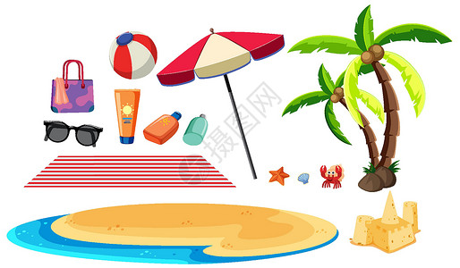 沙滩上的防嗮伞夏季套装 白色背景上有沙滩用品设计图片