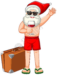 克劳斯科尔圣诞老人穿着夏季服装拿着酒杯卡通人物旅行海洋问候语戏服情感眼睛卡通片庆典天气海滩设计图片