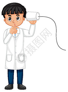 男性病患手拿哮喘吸入器一个穿着实验室 coa 的男孩卡通人物艺术行动童年衣服男孩们学生男人女性化学时代设计图片