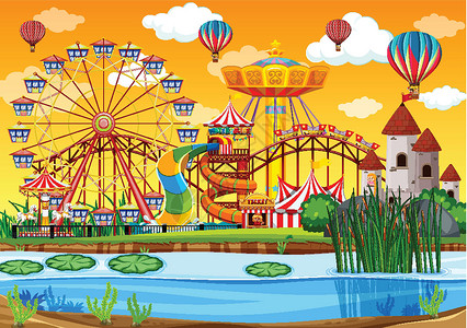 玩木马小孩子白天有沼泽边景的游乐园 天空中有气球设计图片