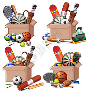 羽毛球用品白色背景上装满运动器材的盒子插图排球烤架卡通片绘画活动棒球羽毛球篮球行动设计图片
