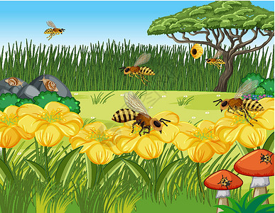 特写花和叶子场景与许多蜜蜂收藏环境动物群团体卡通片生物哺乳动物漏洞树叶插图背景图片
