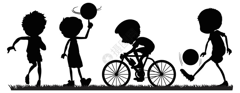 骑自行车风筝一组体育运动员剪影自行车艺术游戏夹子阴影篮球黑暗足球运动卡通片设计图片