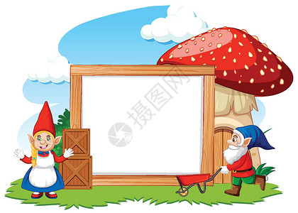 白色背景上带有空白横幅卡通风格的侏儒和蘑菇屋背景图片