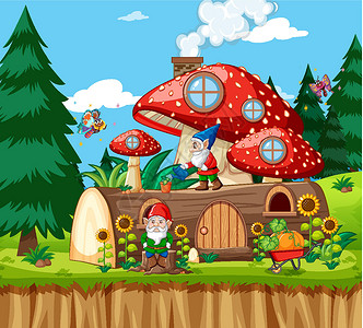 蘑菇主题侏儒和木材蘑菇屋以及花园背景中的花园卡通风格指示牌建筑风景插图想像力框架环境童年孩子假期设计图片