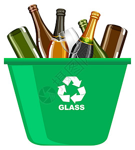 倒水玻璃瓶元素白色背景上带有回收标志的绿色回收箱设计图片
