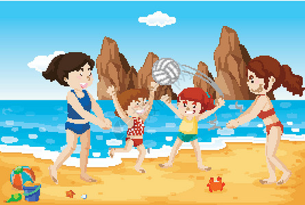 打排球的孩子人们在海滩上玩乐的海洋场景假期插图天气少年运动女士娱乐微笑喜悦乐趣设计图片